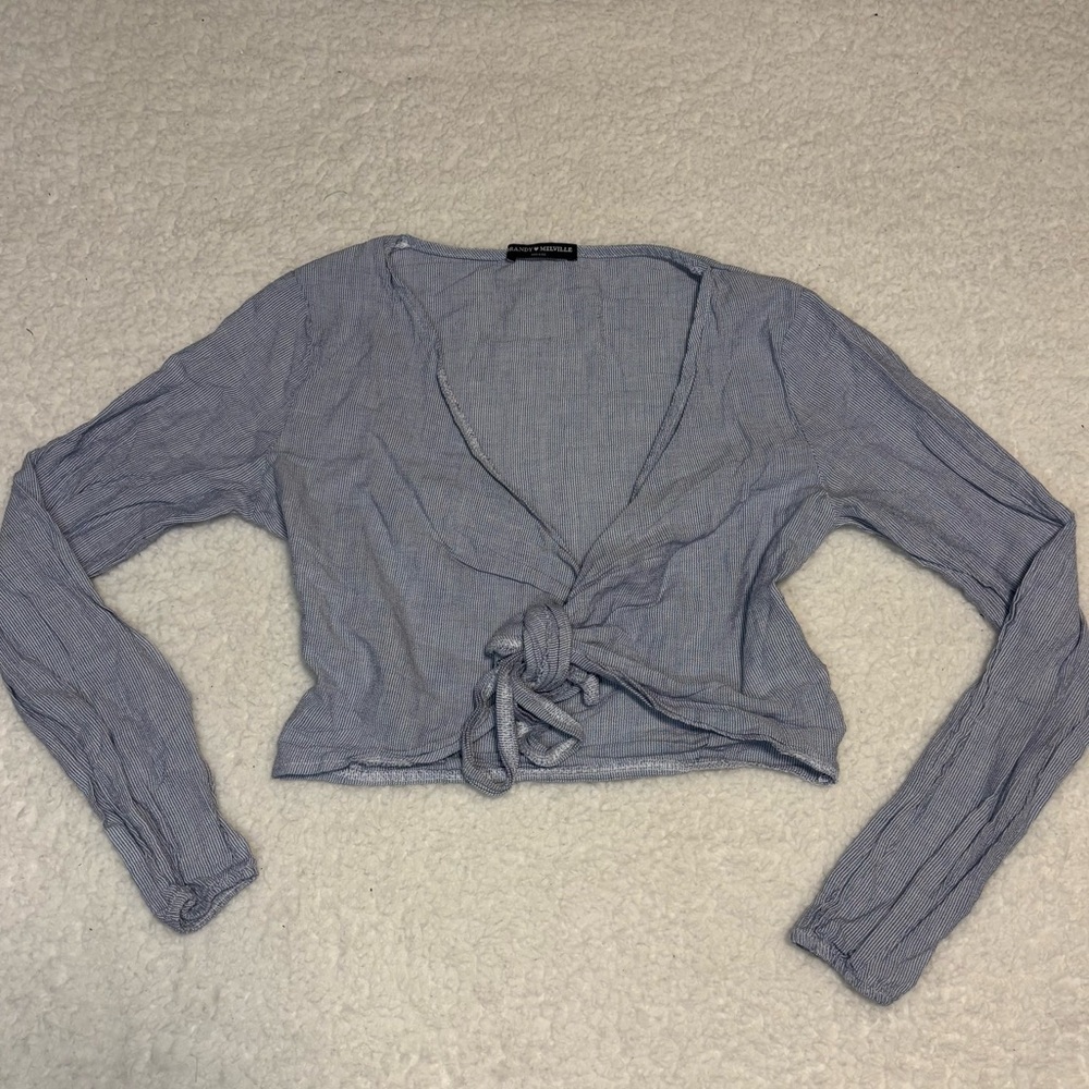 Brandy Melville Women Blue Stripes Cross Tie Long Sleeve Blouse